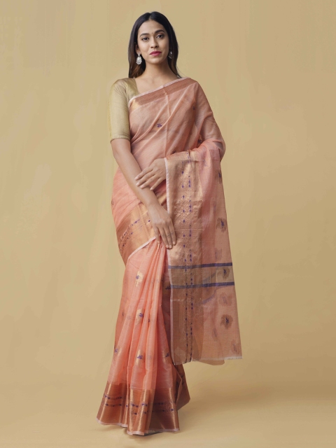 

Unnati Silks Peach & Gold Silk Cotton Woven Design Kota Banarasi Saree