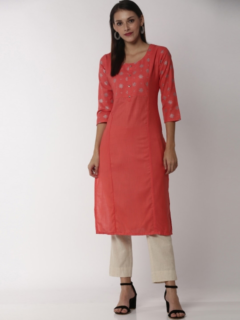 

Soch Women Rust Red Yoke Design Art Silk Straight Kurta
