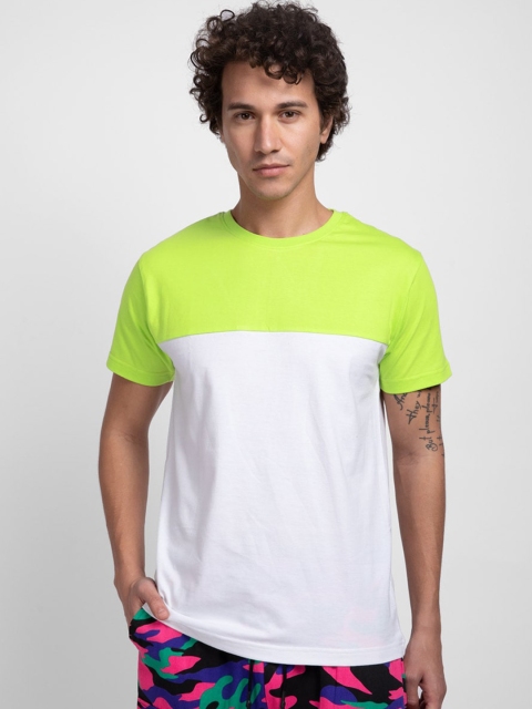 

Bewakoof Men White & Fluorescent Green Colourblocked Round Neck T-shirt