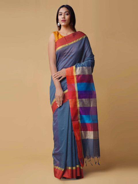 

Unnati Silks Grey & Red Silk Cotton Woven Design Handloom Chanderi Saree