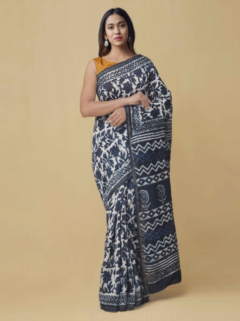 

Unnati Silks Navy Blue & White Silk Cotton Dabu Printed Handloom Chanderi Saree