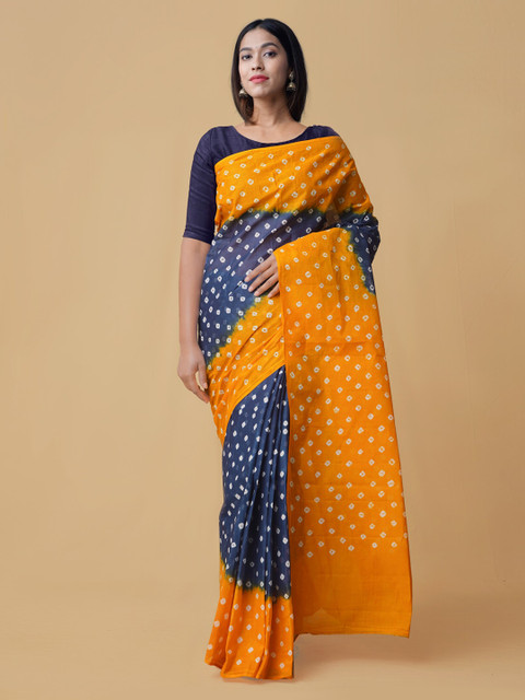 

Unnati Silks Blue & Yellow Pure Cotton Printed Bandhani Saree