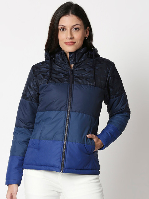 

Bewakoof Women Navy Blue Colourblocked Water Resistant Puffer Jacket
