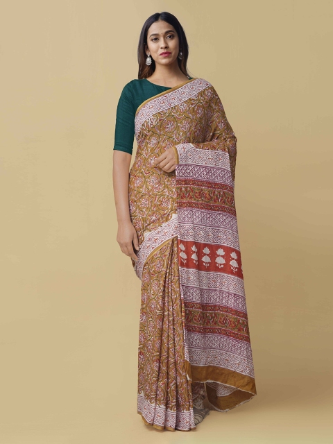 

Unnati Silks Mustard Yellow & White Pure Cotton Printed Handloom Saree