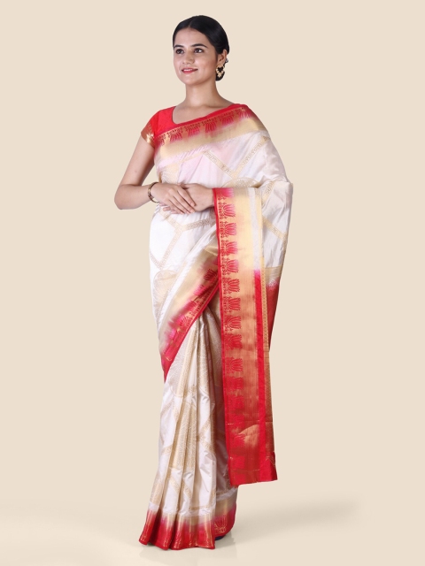 

CLAI WORLD Off-White & Red Silk Blend Colourblocked Mysore Silk Saree