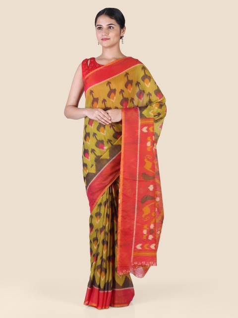 

CLAI WORLD Green & Orange Silk Blend Printed Ikat Saree