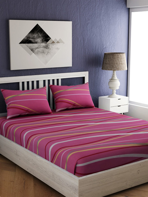 

EverHOME Pink & White Geometric 210 TC Cotton 1 Queen Bedsheet with 2 Pillow Covers