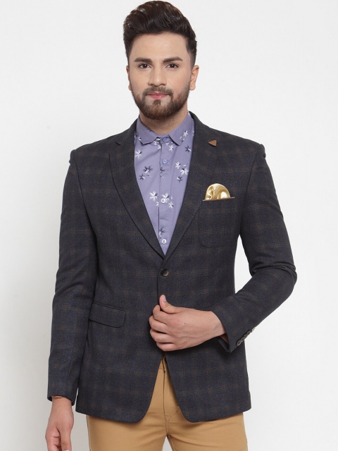 

MAXENCE Men Navy Blue & Yellow Checked Slim-Fit Single-Breasted Formal Blazer
