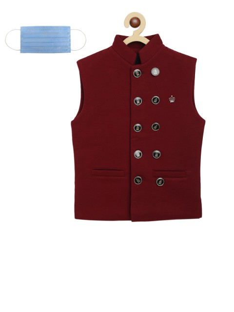 

Lil Tomatoes Boys Maroon Solid Woven Nehru Jacket With Mask