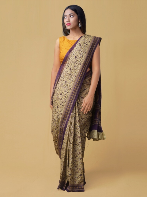 

Unnati Silks Brown & Purple Pure Cotton Printed Handloom Saree