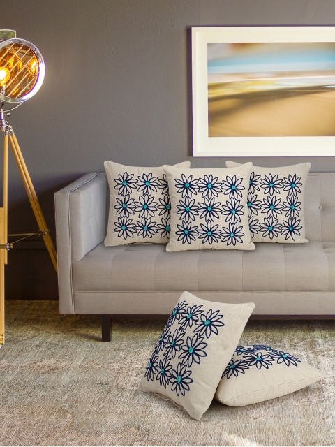 

KLOTTHE Set Of 5 Off-White & Navy Blue Embroidered Square Floor Cushions
