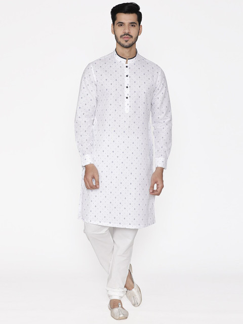 

Manyavar Men White & Blue Micro Print Straight Kurta