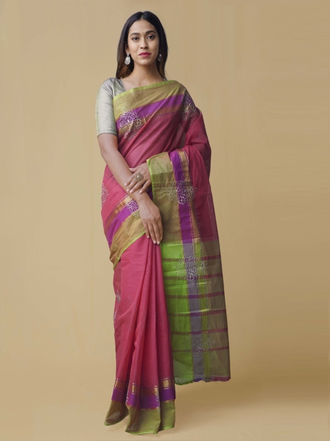 

Unnati Silks Coral Pure Cotton Embroidered Mangalagiri Saree