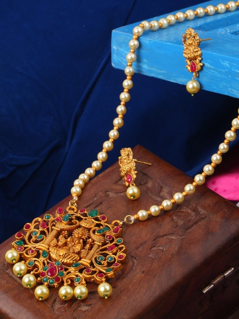 

ANIKAS CREATION Gold-Plated Off-White & Green Stone-Studded Beaded Temple Sustainable Jewellery Set