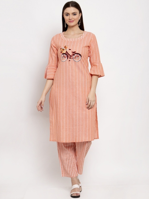 

Aujjessa Women Peach-Coloured Embroidered Kurta with Trousers