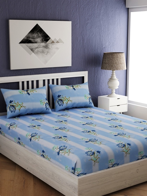 

EverHOME Blue Floral 210 TC Cotton 1 Queen Bedsheet with 2 Pillow Covers