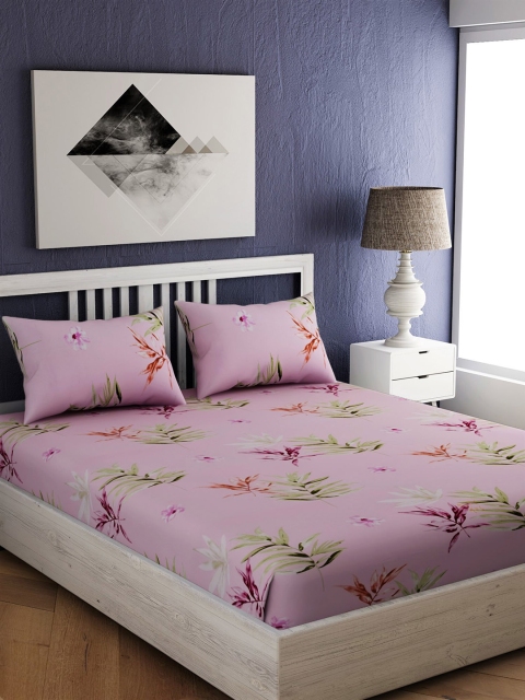 

EverHOME Pink & Green Floral 210 TC Cotton 1 Queen Bedsheet with 2 Pillow Covers