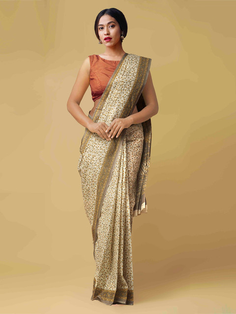 

Unnati Silks Beige & Olive Green Pure Cotton Printed Saree