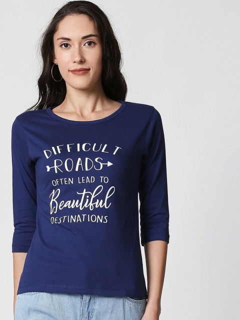 

Bewakoof Women Blue Printed Round Neck T-shirt