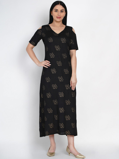 

FABNEST Women Black Printed Maxi Dress