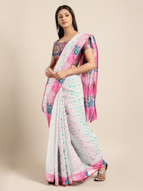 

Mitera White & Pink Silk Cotton Printed Jamdani Saree
