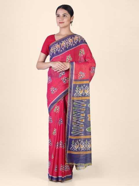 

CLAI WORLD Pink & Blue Silk Blend Printed Ikat Saree