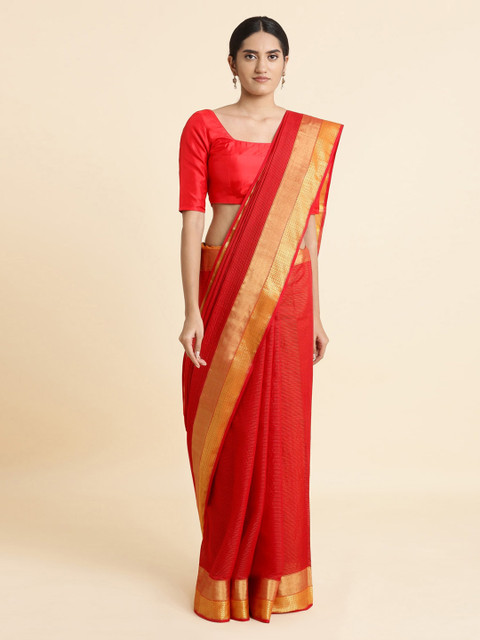 

Taneira Red & Gold-Toned Woven Design Maheshwari Saree