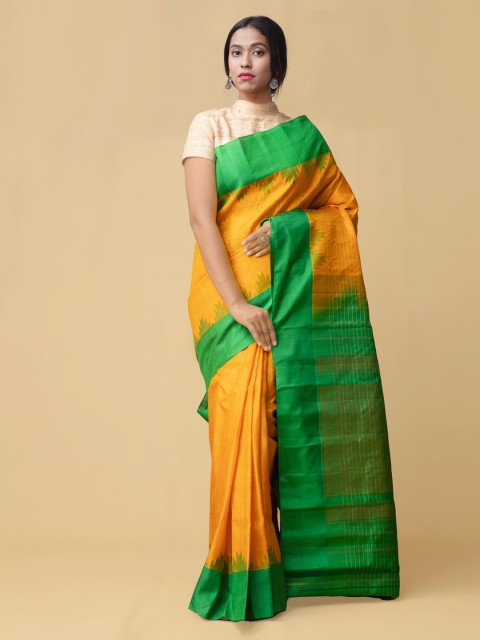 

Unnati Silks Yellow & Green Handloom Pure Gadwal Silk Woven Design Saree