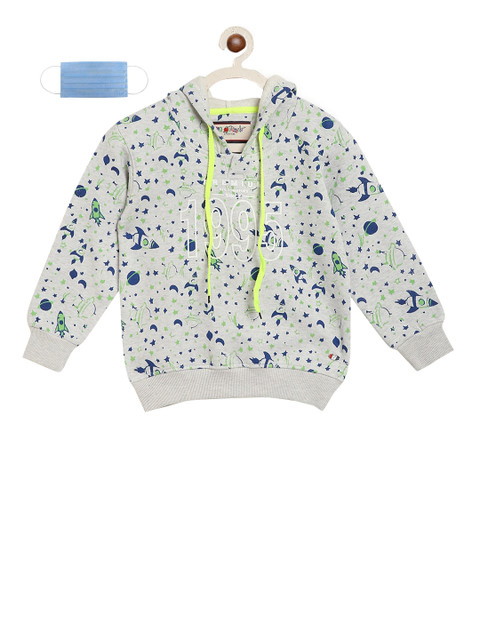 

Lil Tomatoes Boys Grey & Blue Printed Hooded Sweatshirt