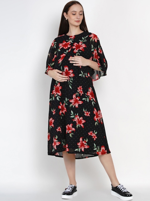 

Mine4Nine Women Black & Red Floral Print Maternity Dress