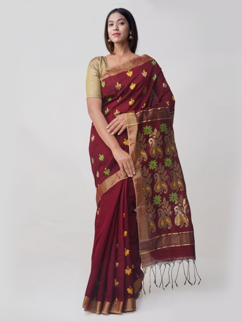 

Unnati Silks Maroon & Gold-Toned Pure Handloom Linen Woven Design Jamdani Saree