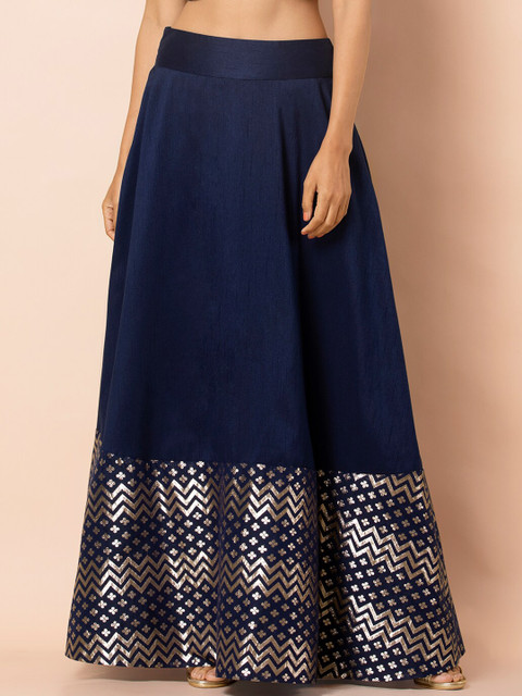 

INDYA Women Blue & Gold-Colour Chevron Banarasi Border Flared Maxi Skirt