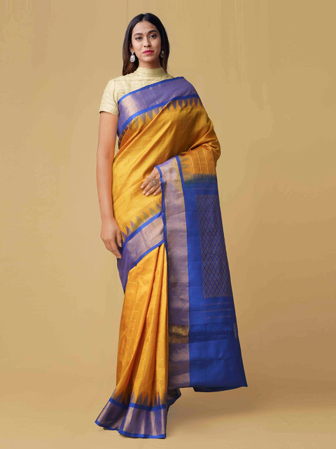 

Unnati Silks Yellow & Blue Handloom Pure Silk Woven Design Saree