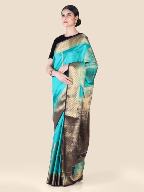 

CLAI WORLD Green & Navy Blue Silk Blend Woven Design Mysore Silk Saree