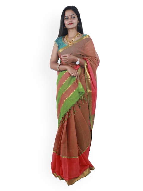 APCO Peach-Coloured Pure Cotton Striped Mangalagiri Saree