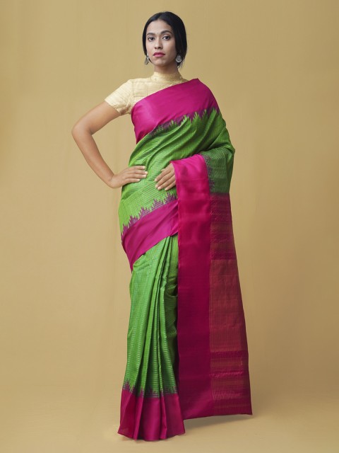 

Unnati Silks Green & Pink Pure Silk Checked Handloom Gadwal Saree