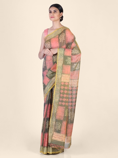 

CLAI WORLD Green & Pink Silk Blend Printed Ikat Saree