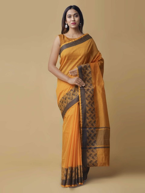 

Unnati Silks Mustard Yellow & Black Silk Cotton Solid Kanchi Saree