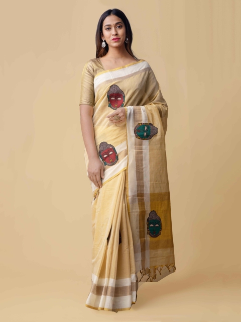 Unnati Silks Cream-Coloured Pure Cotton Woven Design Mangalagiri Saree