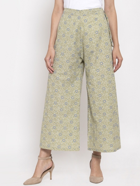 

TAG 7 Women Sage Green & Navy Blue Floral Print Flared Palazzos