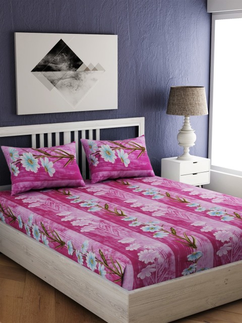 

EverHOME Pink & Off-White Floral 210 TC Cotton 1 King Bedsheet with 2 Pillow Covers