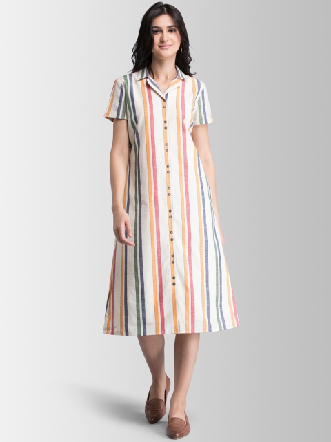 

FableStreet Women Cream-Coloured Striped Shirt Dress