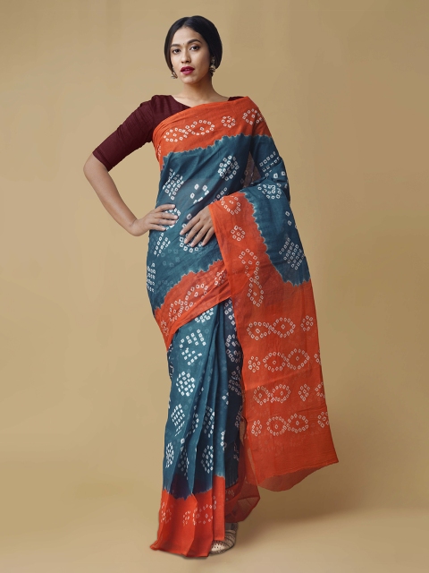 

Unnati Silks Blue & Orange Pure Cotton Dyed Bandhani Saree