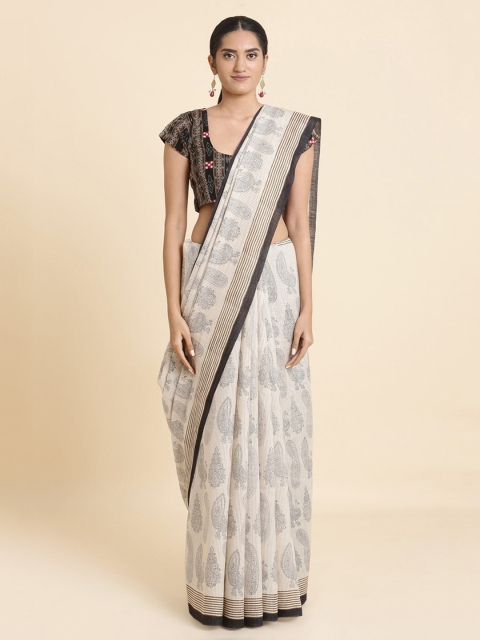 

Taneira Cream-Coloured Printed Tussar Sustainable Saree