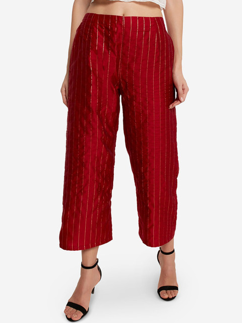 

Desi Weavess Women Maroon & Gold-Coloured Striped Straight Palazzos
