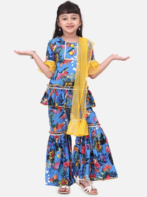 

Cutiekins Girls Blue & Yellow Printed Top with Sharara & Dupatta