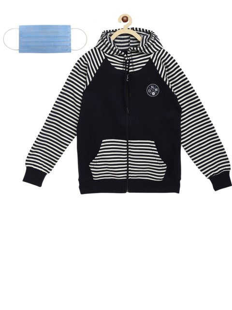 

Lil Tomatoes Boys Navy Blue & White Striped Hooded Sweatshirt with 3-Ply Mask