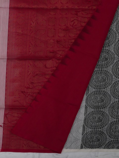

Pothys Off-White & Maroon Silk Cotton Printed Saree