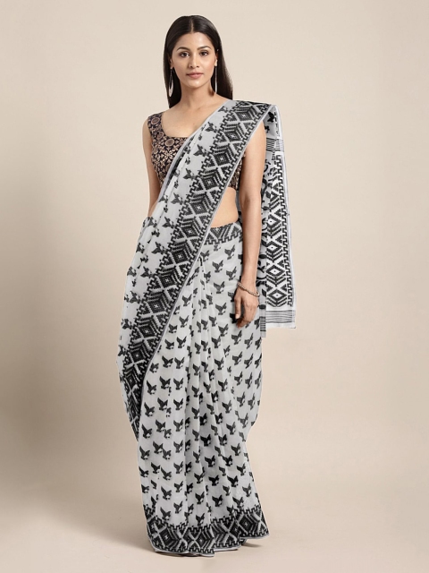 

Mitera White & Black Silk Cotton Embellished Jamdani Saree