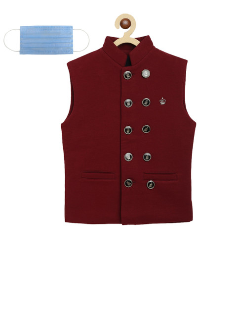 

Lil Tomatoes Boys Maroon Solid Woven Nehru Jacket With 3-Ply Surgical Mask